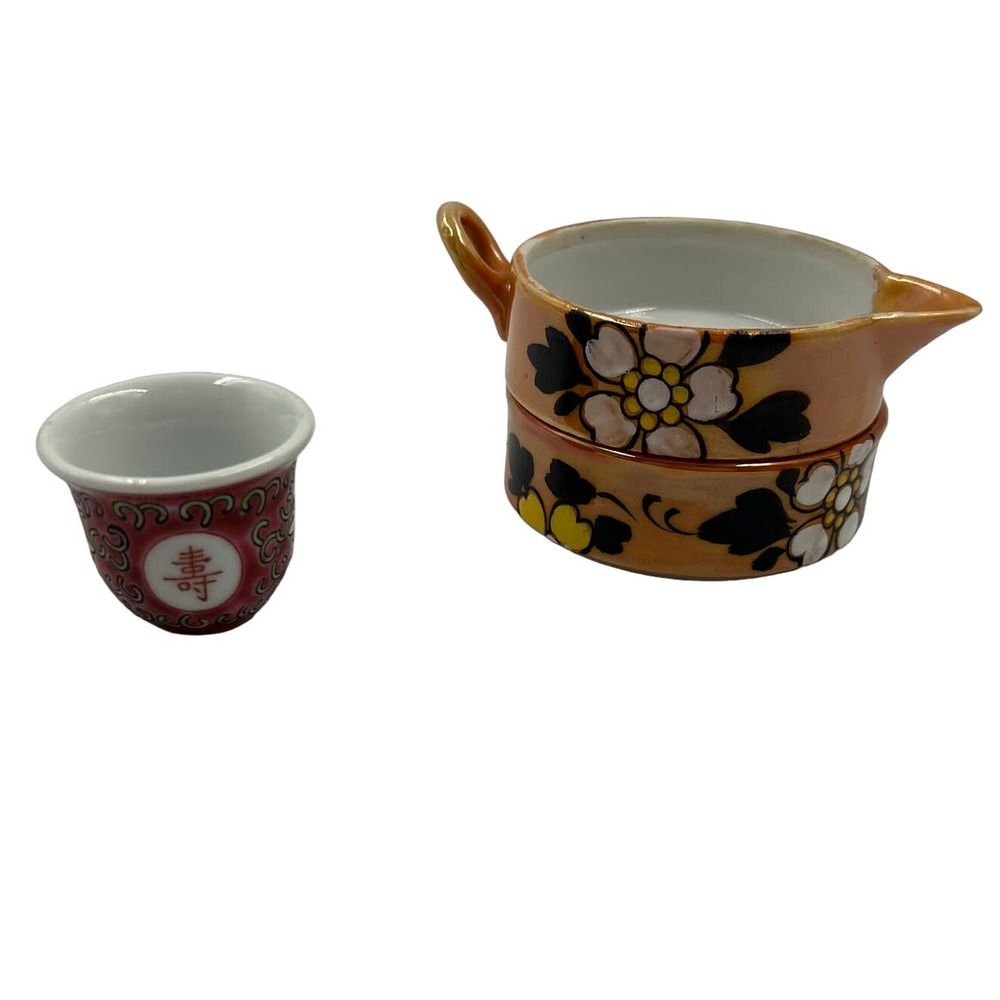 Vintage Ceramic Tea Set 3 Pieces Asian Pieces Hand Painted Look Stacking Pitcher